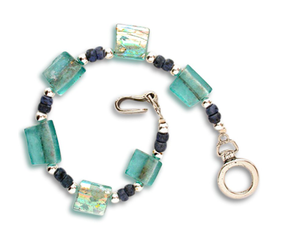 Michal Kirat Sterling Silver Bracelet with Roman Glass Discs & Demorterite Beads