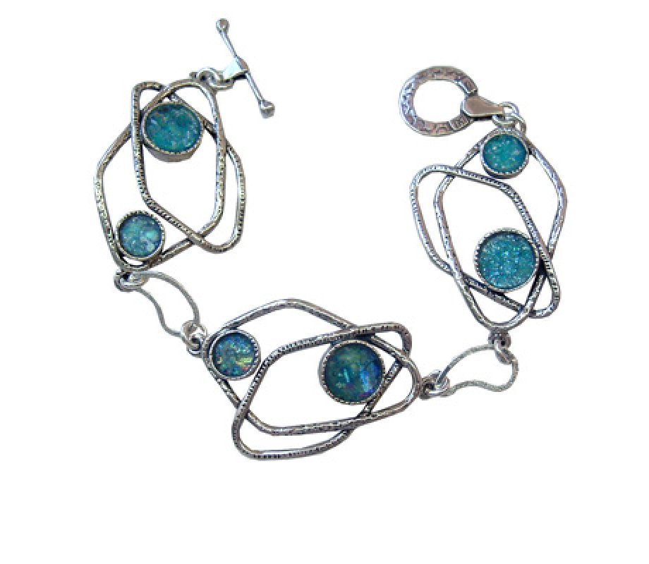Michal Kirat Sterling Silver Bracelet with Roman Glass Discs and Swirling Loops