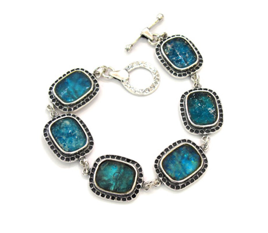 Michal Kirat, Sterling Silver Bracelet with Roman Glass Links in Decorative Frame