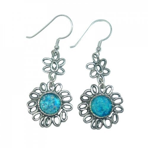 Michal Kirat Sterling Silver Dangle Earrings, Roman Glass Set in Flower Frame