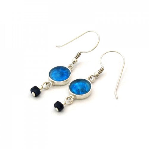 Michal Kirat Sterling Silver Dangle Earrings, Roman Glass and Dumortierite Beads