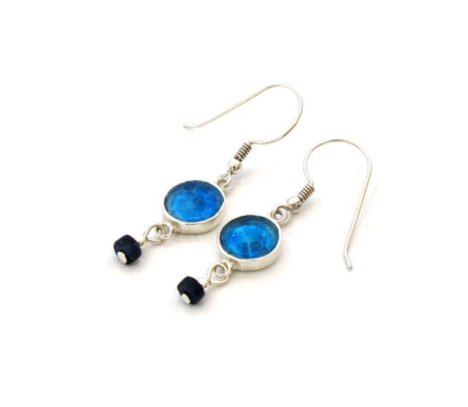 Michal Kirat Sterling Silver Dangle Earrings, Roman Glass and Dumortierite Beads
