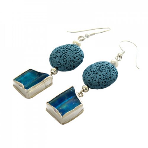 Michal Kirat Sterling Silver Dangle Earrings with Roman Glass and Blue Lava Bead