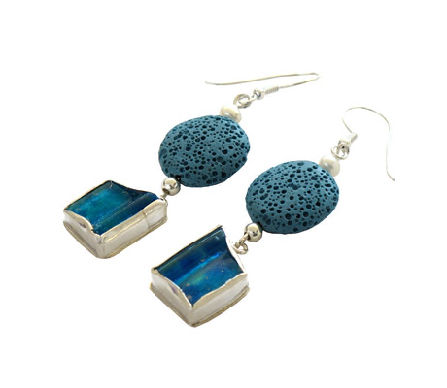 Michal Kirat Sterling Silver Dangle Earrings with Roman Glass and Blue Lava Bead
