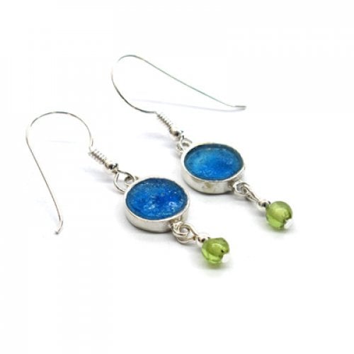 Michal Kirat Sterling Silver Dangle Earrings with Roman Glass and Peridot Beads