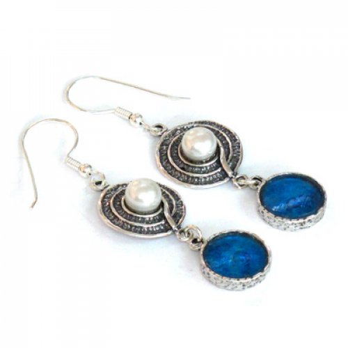 Michal Kirat Sterling Silver Dangle Roman Glass Earrings with Pearl on Circular Disc