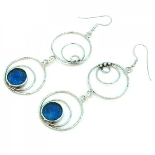 Michal Kirat Sterling Silver Drop Earrings, Concentric Circles and Roman Glass