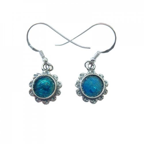 Michal Kirat Sterling Silver Drop Earrings, Roman Glass in Hammered Flower Frame