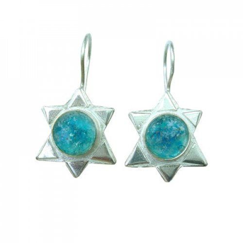 Michal Kirat Sterling Silver Drop Earrings, Star of David with Roman Glass Center