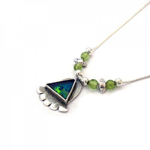 Michal Kirat Sterling Silver Necklace with Roman Glass Pendant and Peridot Beads