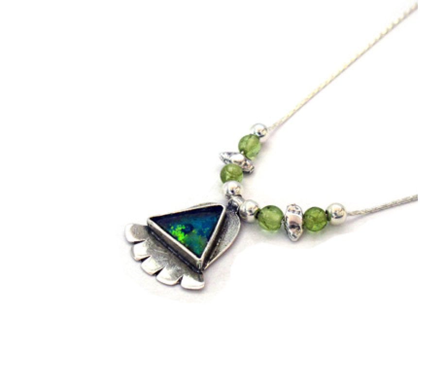 Michal Kirat Sterling Silver Necklace with Roman Glass Pendant and Peridot Beads