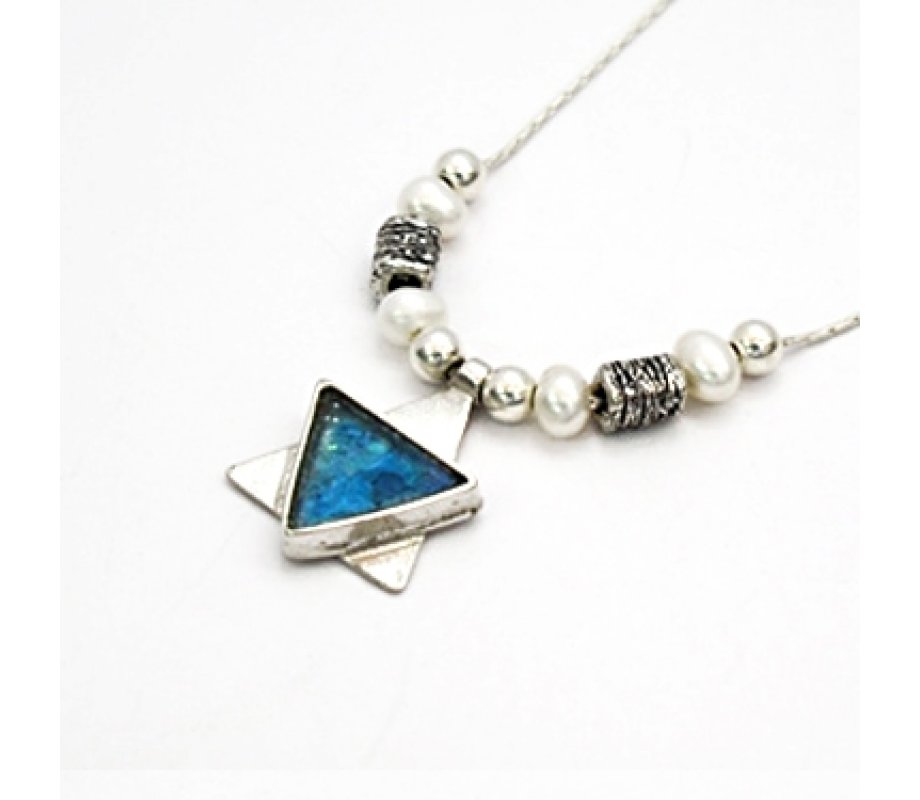 Michal Kirat Sterling Silver Pendant Necklace - Roman Glass and Freshwater Pearls