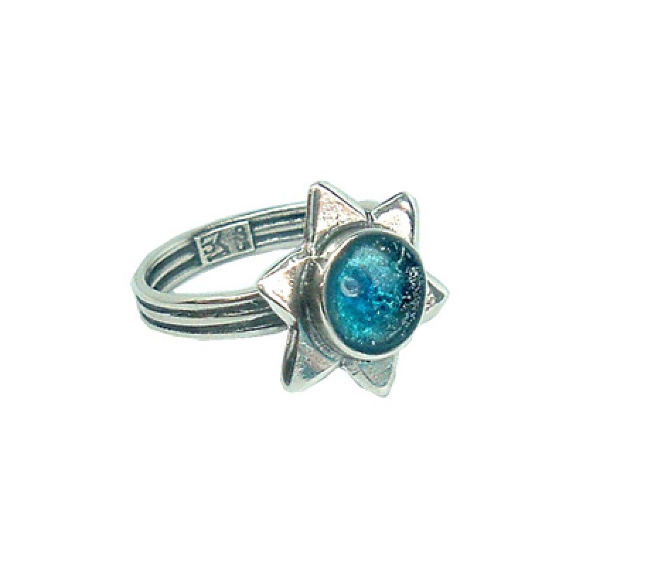 Michal Kirat Sterling Silver Ring, Small Roman Glass in Star of David Setting