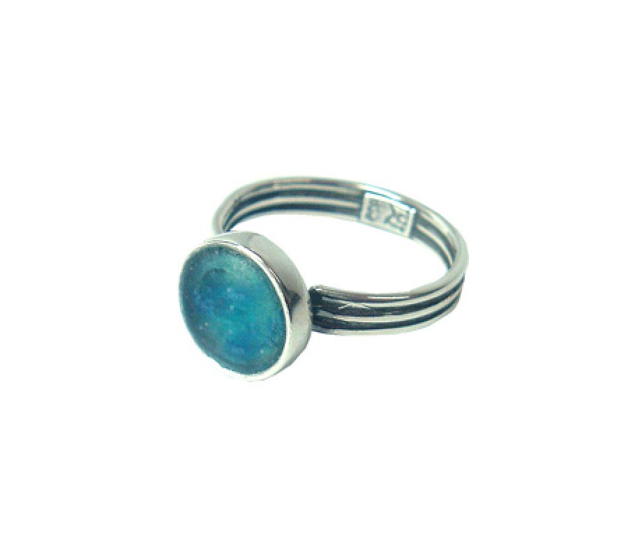 Michal Kirat Sterling Silver Ring, Small Round Roman Glass in Smooth Silver Frame