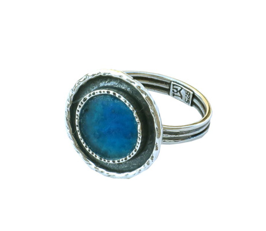 Michal Kirat Sterling Silver Ring, Textured with Round Roman Glass - Adjustable