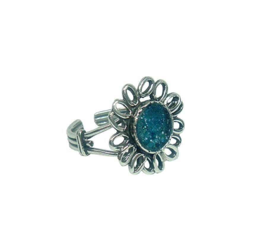 Michal Kirat Sterling Silver Ring with Circular Roman Glass Center in Petal Frame