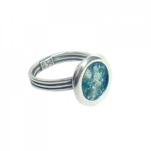 Michal Kirat, Sterling Silver Ring with Circular Roman Glass and Adjustable Band