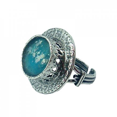 Michal Kirat Sterling Silver Ring with Large Round Roman Glass in Raised Hat Image