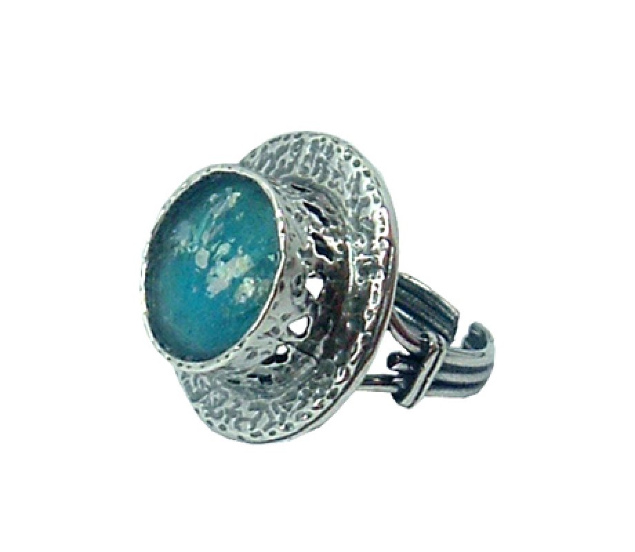 Michal Kirat Sterling Silver Ring with Large Round Roman Glass in Raised Hat Image
