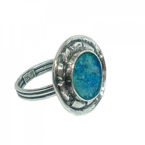 Michal Kirat Sterling Silver Ring with Roman Glass Center and Decorative Frame