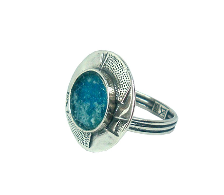 Michal Kirat Sterling Silver Ring with Roman Glass Center and Engraved Frame