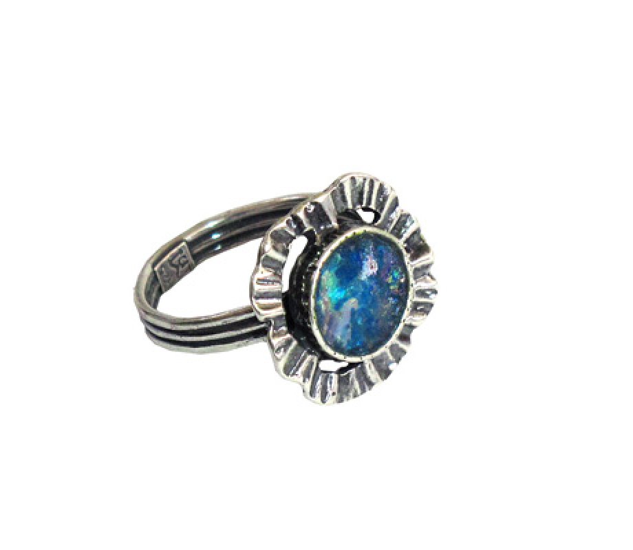 Michal Kirat Sterling Silver Ring with Round Roman Glass Center and Flower Design
