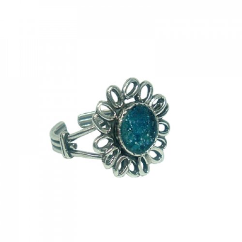 Michal Kirat Sterling Silver Ring with Round Roman Glass Center and Petal Design