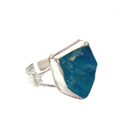 Michal Kirat Sterling Silver Ring with Shield Shaped Roman Glass - Adjustable