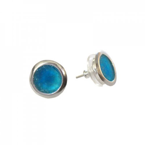 Michal Kirat Sterling Silver Round Stud Earrings with Roman Glass Center