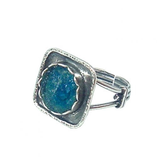 Michal Kirat Sterling Silver Square Ring, Roman Glass in Flower - Adjustable Band