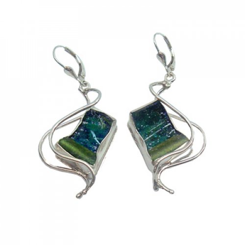 Michal Kirat, Sterling Silver and Roman Glass Dangling Earrings  Dancing Waves