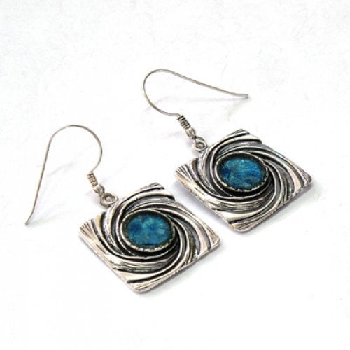 Michal Kirat Sterling Silver and Roman Glass Drop Earrings, Curving Wave Design