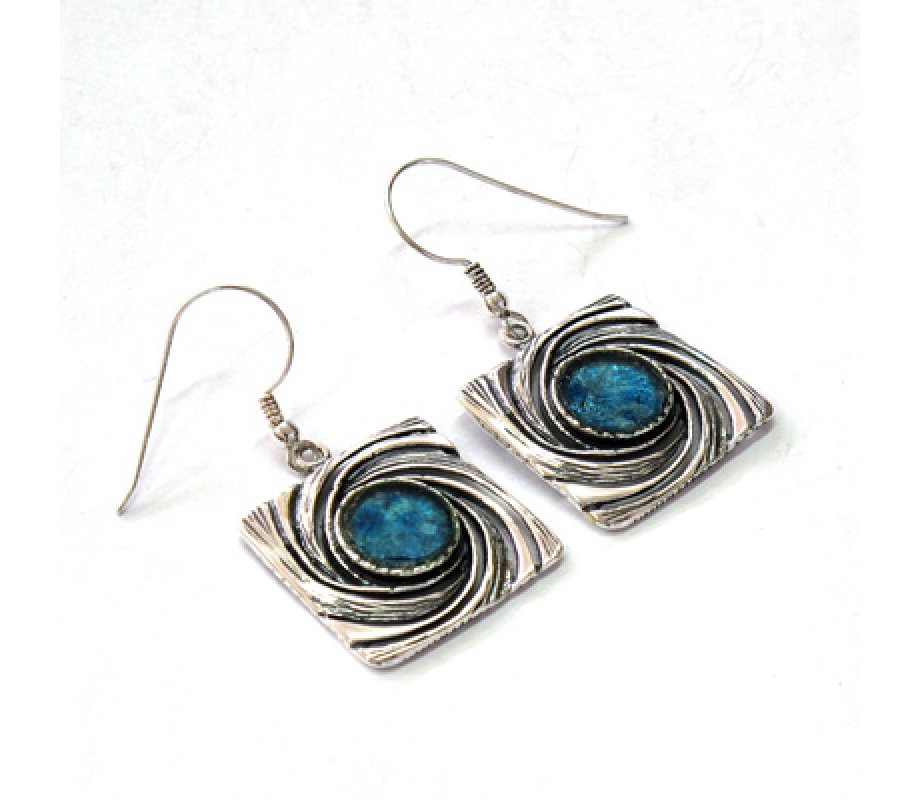 Michal Kirat Sterling Silver and Roman Glass Drop Earrings, Curving Wave Design