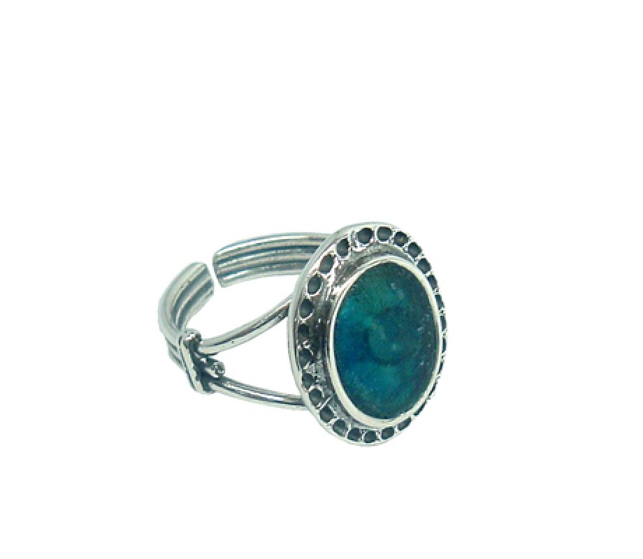 Michal Kirat Textured Sterling Silver Oval Roman Glass Ring - Adjustable Band
