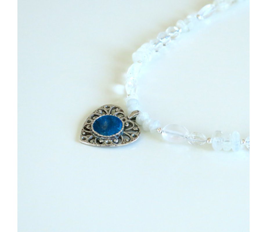 Michal Kirat White Moonstone Necklace with Roman Glass Pendant in Silver Heart