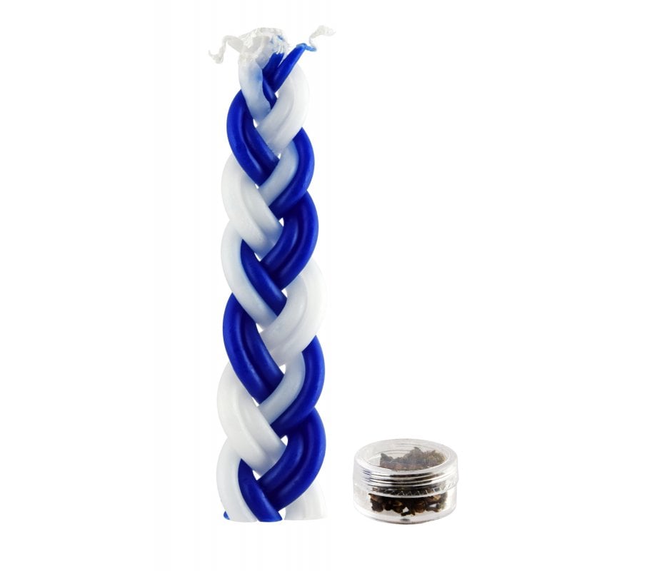 Mini Two in One, Braided Blue and White Havdalah Candle with Small Spice Box