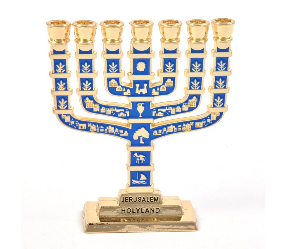 Miniature 7 Branch Menorah with Judaic Symbols, Blue on Gold - 2.7 Inches Height