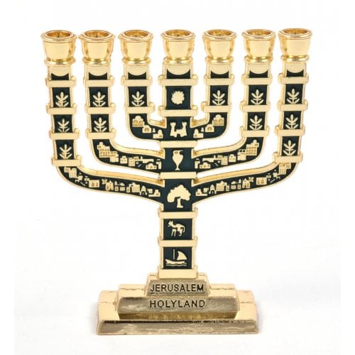 Miniature 7 Branch Menorah with Judaic Symbols, Dark Green and Gold - 2.7 Height