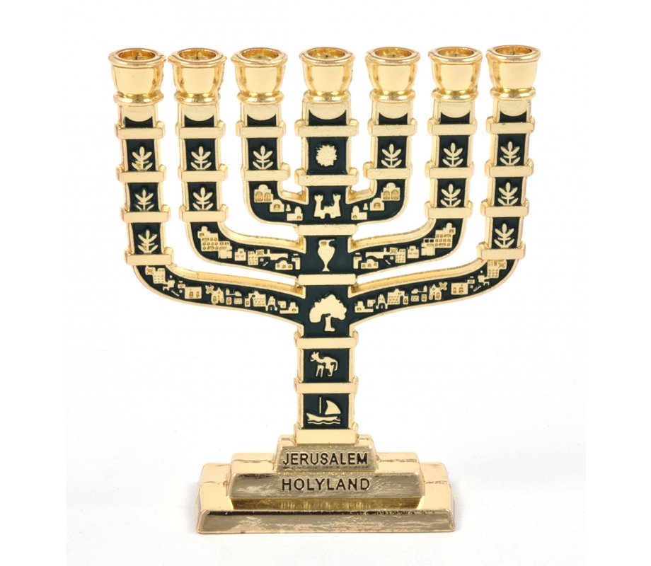 Miniature 7 Branch Menorah with Judaic Symbols, Dark Green and Gold - 2.7 Height