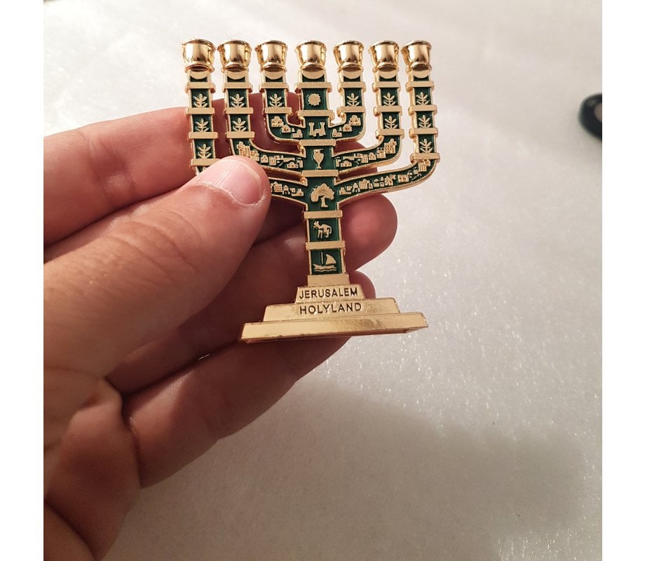 Miniature 7 Branch Menorah with Judaic Symbols, Dark Green and Gold - 2.7 Height