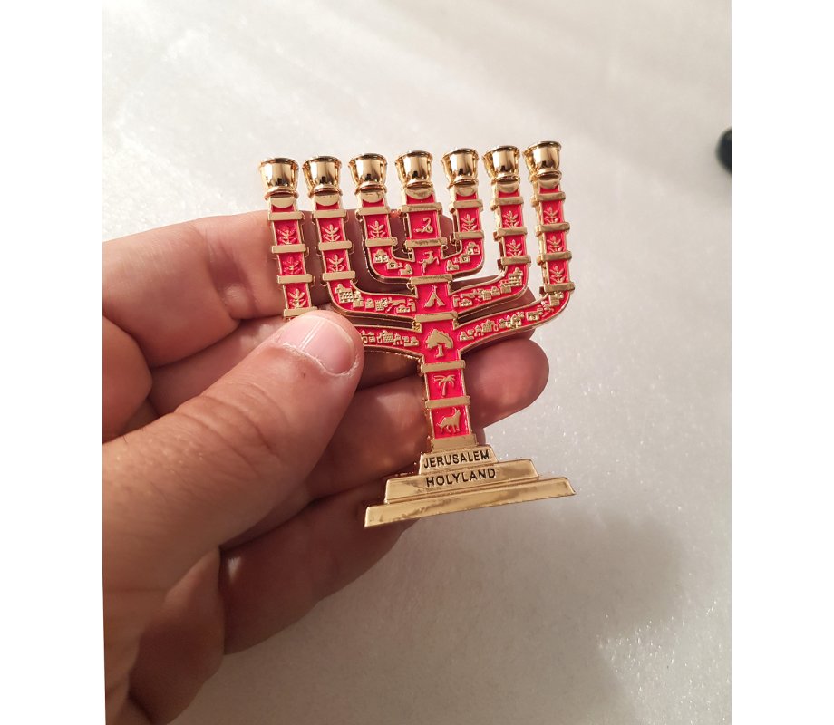 Miniature 7 Branch Menorah with Judaic Symbols, Red and Gold - 2.7 Height