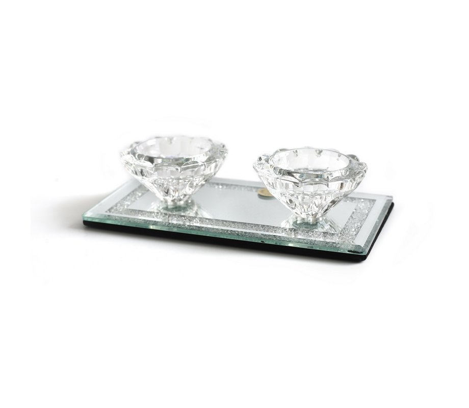 Miniature Decorative Crystal Candlesticks on Mirror Base with Crushed Glass Rim