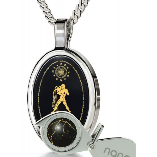 Nano Necklace Pendant Necklace - Aquarius Zodiac on Black Onyx Stone