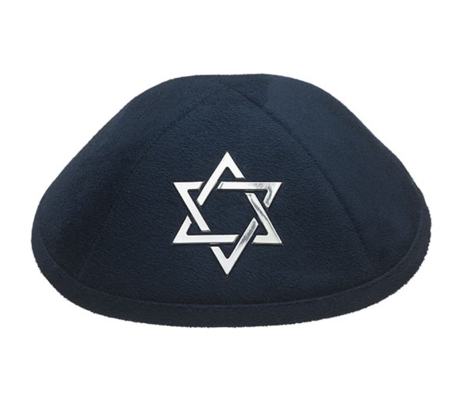 Navy Blue Suede Kippah with Silver Embroidered Star of David at the Front