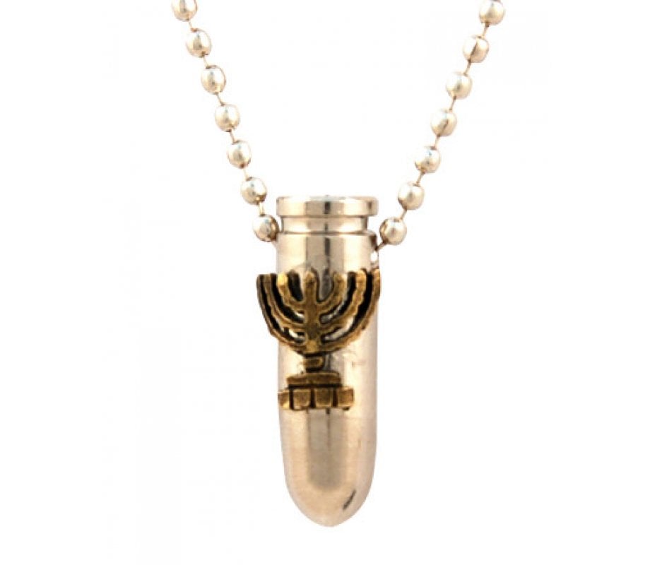 Necklace, Bronze Israeli Army Bullet Metal Pendant - Menorah Image