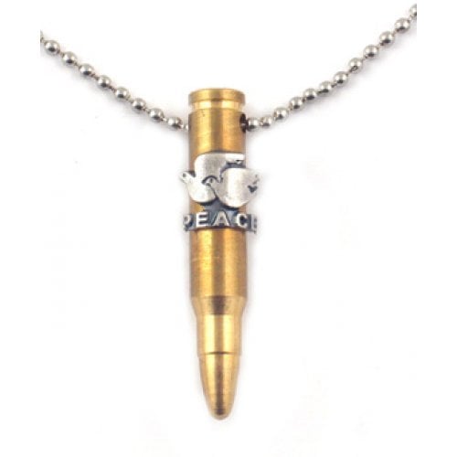 Necklace, Bronze Israeli Army M-16 Rifle Bullet Pendant - White Doves of Peace