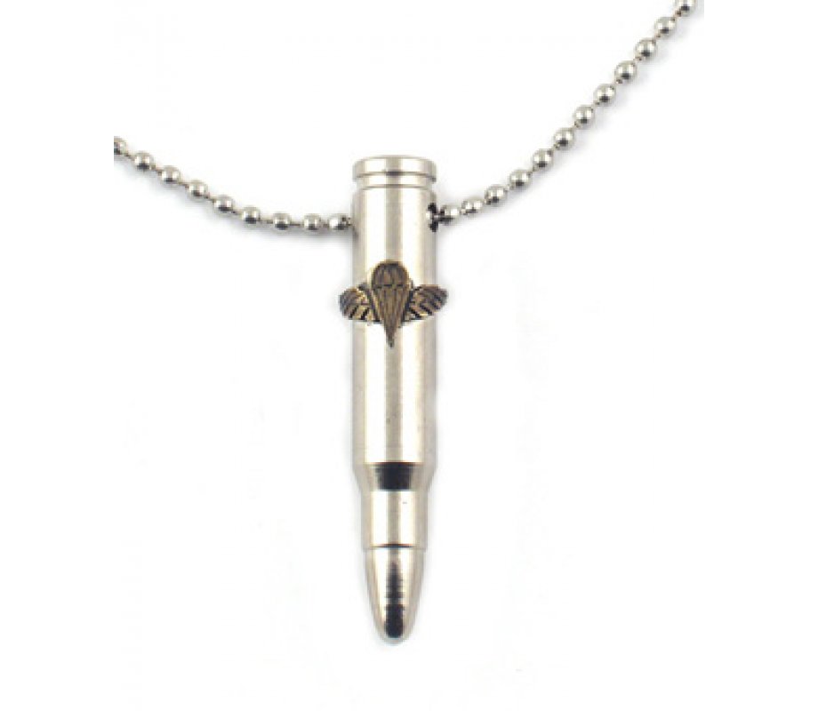 Necklace, Silver Israeli Army M-16 Rifle Bullet Pendant - Paratroopers Emblem