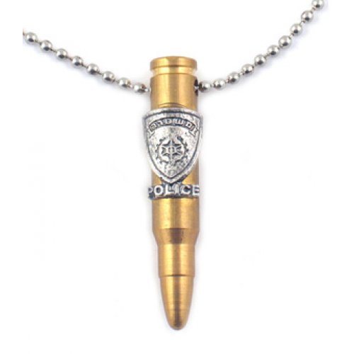 Necklace with Bronze M-16 Rifle Bullet Pendant and Israeli Police Emblem - Ball Chain