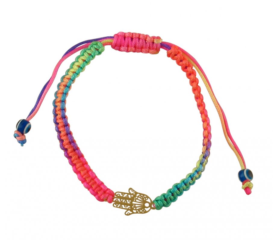 Neon Multicolor Braided Cord Bracelet - Gold Hamsa