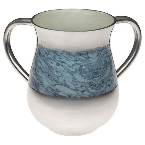 Netilat Yadayim Wash Cup, White with Turquoise Marble Design - Aluminum